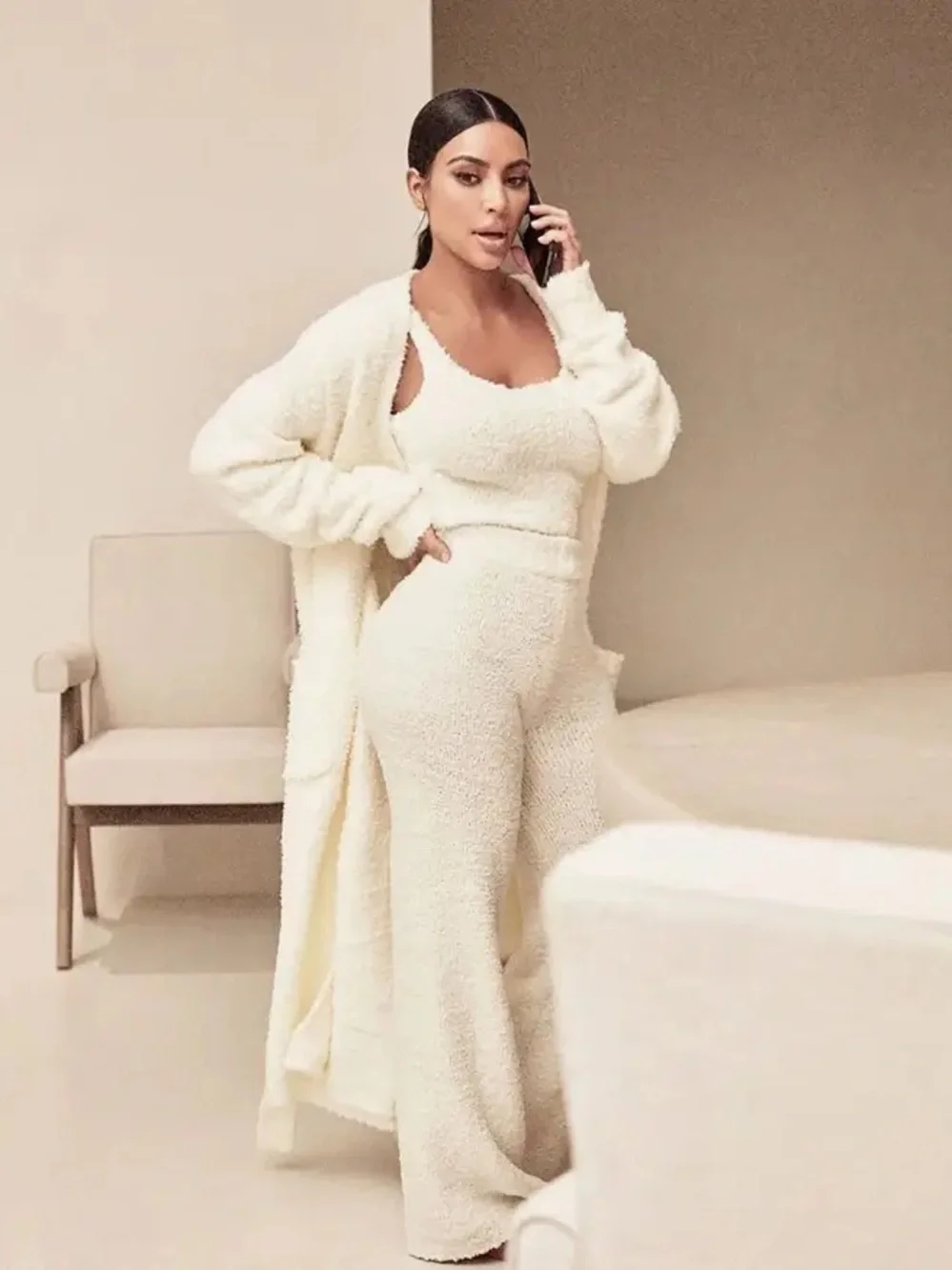 SKIMS Cream Cozy Knit Tank, Wide-Leg Pants set